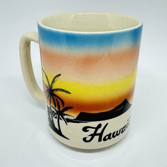 Hawaii Stoneware Vintage Mug Sunset Beach Palm Trees Silhouette Coffee Cup EUC - Picture 6 of 7